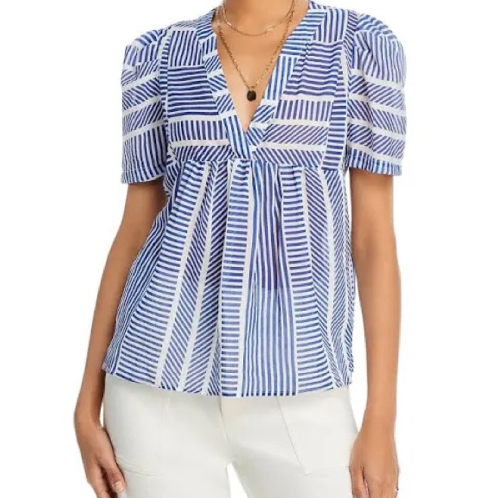 Aqua Blue Striped V-Neck Women's Top. Pre-Owned.